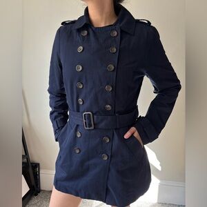 Y2K Forever 21 Grunge Navy Blue Midi Preppy Streetwear Trench Coat - Medium
